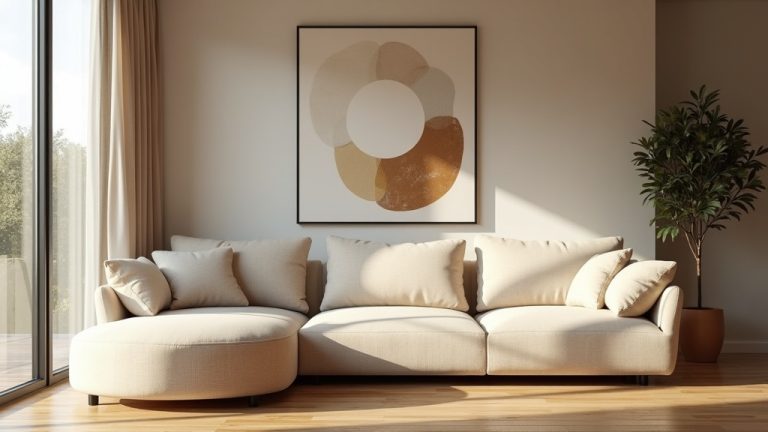 Elegant beige fabric sofa in a sunlit modern living room, best sofa for 2025