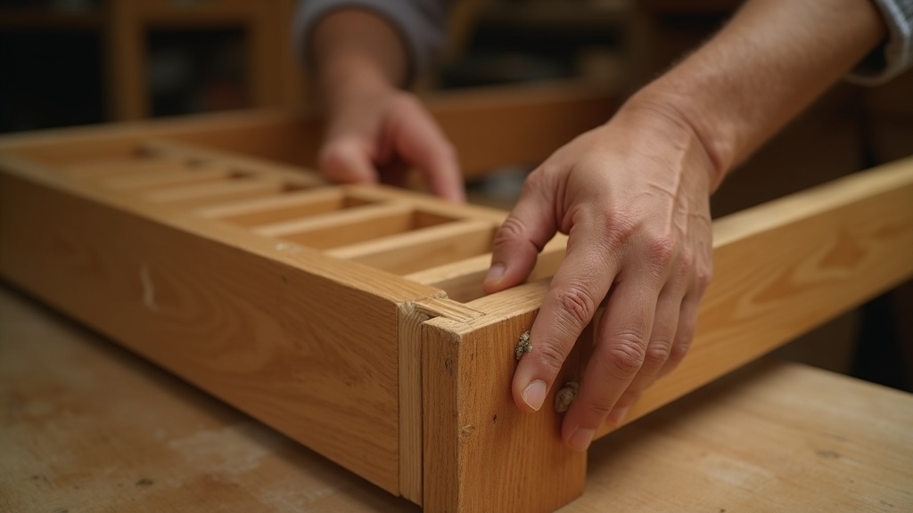 Close-up of kiln-dried oak sofa frame with mortise-and-tenon joinery by Kenyan carpenter