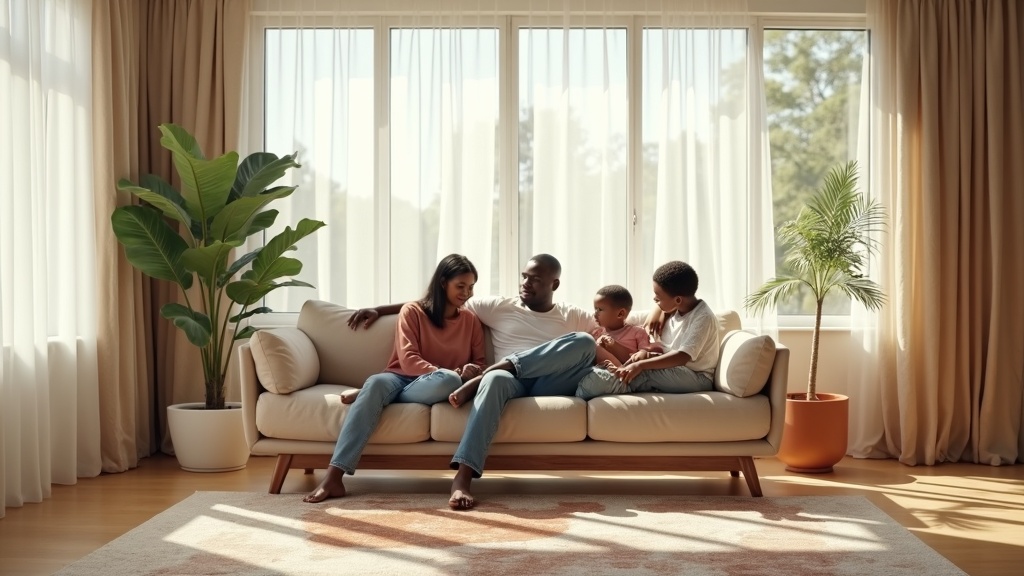Kenyan family relaxing on a beige mid-century modern sofa with walnut legs